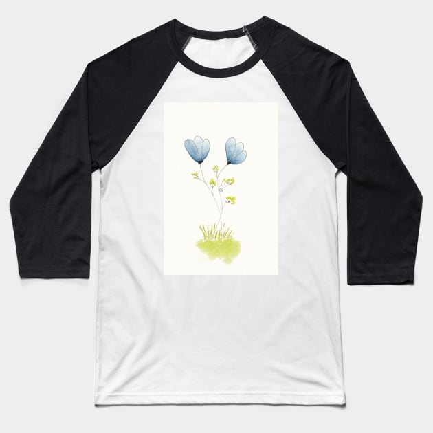 Two Blue Flowers in Pen Ink and Watercolor Baseball T-Shirt by ConniSchaf